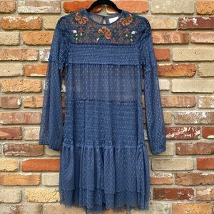 Anthropologie Maeve Samara Floral Embroidered Dress Blue Long Sleeve Size XS